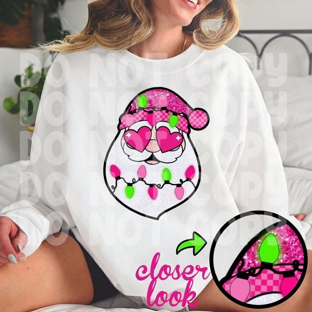 Santa Faux Sequins Christmas Sweatshirt Crewneck Hot Pink Checkered Sweater Holi